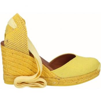 Alpargatas de cuña alta de lino amarillo mostaza con cintas