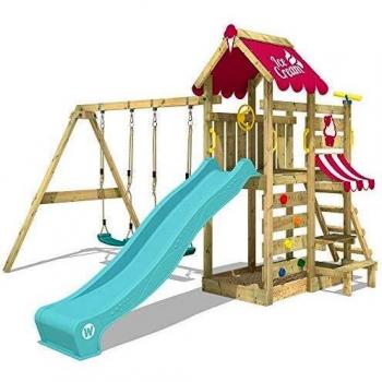 Parque Infantil de Madera VanillaFlyer con Columpio, Tobogán Turquesa y Arena - Torre de Escalada para Niños
