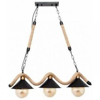 Lámpara Colgante con 3 Luces E27, Cuerda de Cáñamo, Ajustable en Altura, Color Negro, Dimensiones 72x18 cm