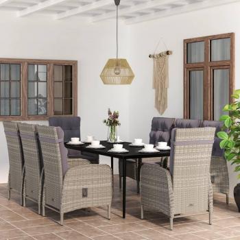 9 Piece Garden Dining Set with Cushions in Grey and Black