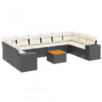 11-Piece Black Poly Rattan Garden Sofa Set with Cushions