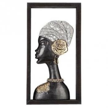 Busto de Mujer en Resina Marrón con Sombrero y Marco - 20 x 38 x 6 cm