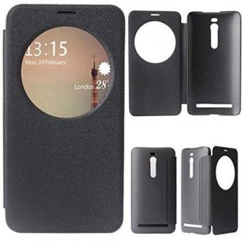 ZenFone 2 Flip Cover, para Asus Zenfone 2 ZE551ML View Case, Asnlove View Flip Funda de PU Cuero con Venta Ronda Protective Flip Shell Carcasa Libro Ultra Fina Función de Wake-up Imán, Negro