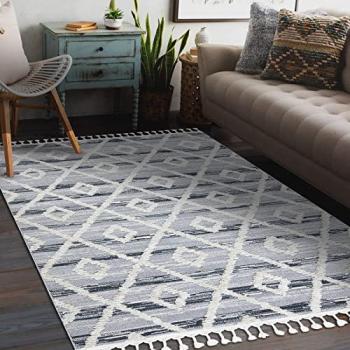 Alfombra Sevilla Z555A Shaggy 120x170 cm, Diseño Enrejado y Diamantes Gris/Blanco con Flecos Bereber Marroquí