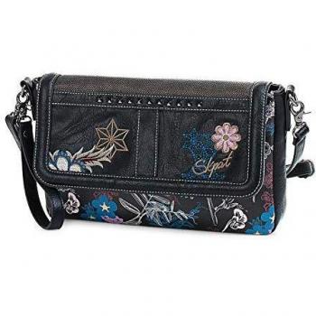 SKPAT - Bolso Pequeño de Mujer Tipo Bandolera. Cierre Cremallera y Solapa. Ideal para Diario. Lona Estampada y Cuero PU Bordado. Práctico Cómodo Resistente y de Calidad. 95561, Color Negro