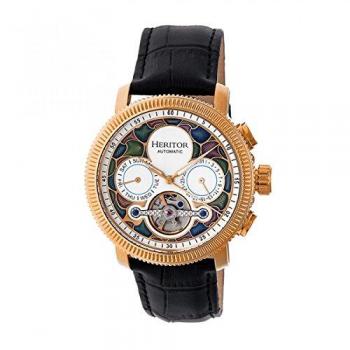 Heritor Aura Men's Automatic Semi-Skeleton Leather-Band Watch - Rose Gold/Silver with Day/Date