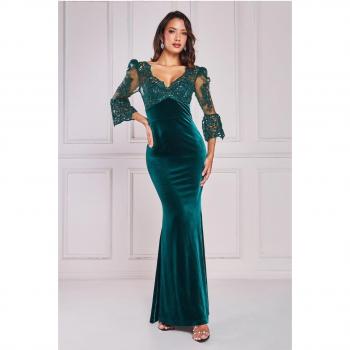 Goddiva Scalloped Lace & Velvet Maxi Dress - Emerald Green