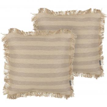 Set de 2 Cojines Decorativos de Yute Beige 45 x 45 cm con Funda Extraíble y Borde Trenzado