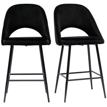 Set de 2 taburetes de cocina Cosette de terciopelo negro y metal, altura 65 cm