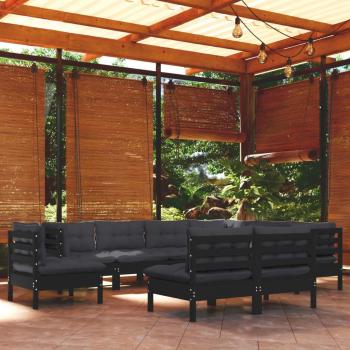 Conjunto de muebles de jardín 9 piezas con cojines de madera maciza de pino negro