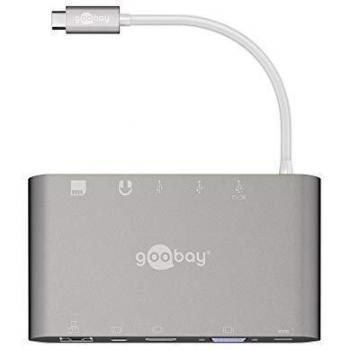 Adaptador Multiport USB-C Goobay 62113 - Aluminio, HDMI, MiniDP, VGA, Ethernet, 3 x USB 3.0, Lector de tarjetas