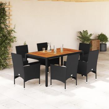 Set de almuerzo de jardín 7 piezas negro con cojines de acacia de Polyrattan