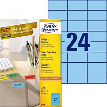 Etiquetas Avery Zweckform 3449, 70 x 37 mm, 2400 unidades, color azul, autoadhesivas, para impresora