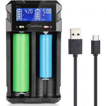 Zanflare Cargador C2 Inteligente, Pantalla LCD Cargador de Pilas Universal Rápido, y para Baterías Recargables Ni-MH Ni-Cd A AA AAA SC, Li-ion 18650 26650 26500 22650 18490 17670 17500 17355 16340 14500 10440 y otras baterías recargables