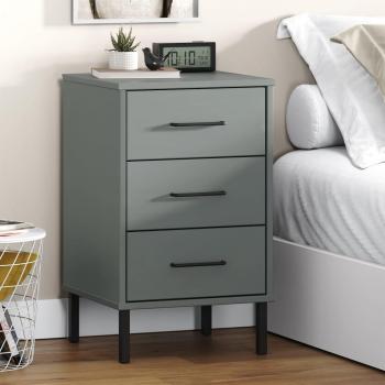 vidaXL OSLO Bedside Cabinet with Metal Legs - Grey Solid Wood Pine