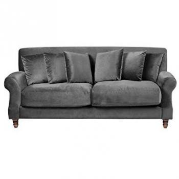 Sofá 3 Plazas Vintage de Terciopelo Gris con 6 Cojines y Patas de Madera Clara Eike