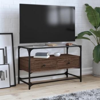 Mueble TV de cristal y madera ingeniería marrón roble 80x35x51 cm