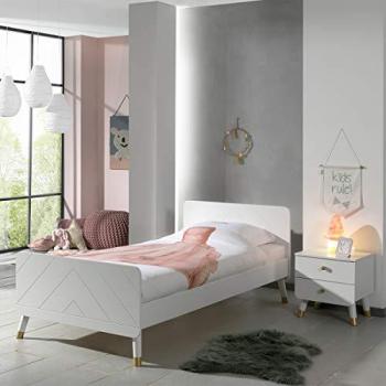 Set de dormitorio juvenil Vipack Billy, 2 piezas, cama individual 90x200 cm con somier y mesita de noche blanca satinada con 2 cajones, fabricado en Europa