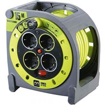 Carrete de Cable Masterplug ProXT, 15 m, 4 Tomas con Protección contra Sobretensiones y Cable Visibles en Verde