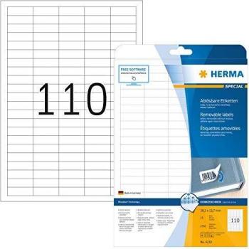 Etiquetas Removibles A4 HERMA 4210, 38.1 x 12.7 mm, Blancas, Autoadhesivas, 2750 Unidades en 25 Hojas