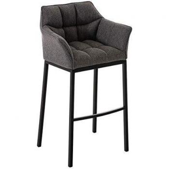 Taburete de bar Damaso en tela gris titanio con base de 4 patas negra, respaldo, reposabrazos y reposapiés