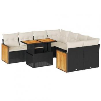 9-Piece Black Poly Rattan Garden Sofa Set with Cushions