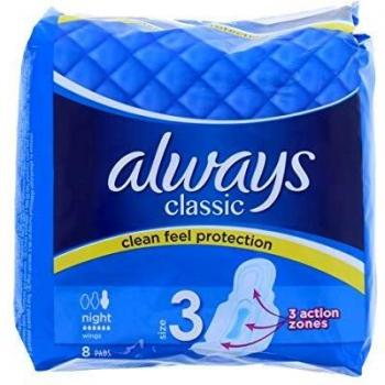 Always Classic Night Compresas Sanitarias con Alas, 8 unidades