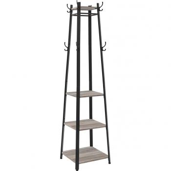 Perchero con 3 estantes y ganchos, escalera con barra de ropa, estructura de acero en greige y negro