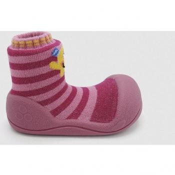 Attipas - Patucos de bebé niña a rayas rosa con dibujo monstruo