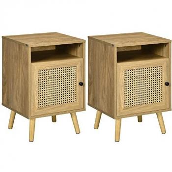 HOMCOM Juego de 2 Mesitas de Noche con Puerta de Ratán y Estante Abierto, Mesas Auxiliares para Dormitorio o Salón, Dimensiones: 39x35x60 cm, Color Natural