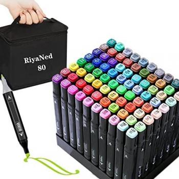 RiyaNed 80 Colores Rotuladores, Permanente Marker Pen Doble Punta Marcadores Graffiti para Dibujar Colorear Resaltar y Subrayar