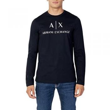 Camisa de Manga Larga Hombre Armani Exchange - Cuello Redondo, Logo, Algodón, Azul Marino