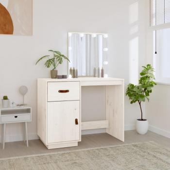 Mesa tocador con LED de madera maciza de pino blanco, dimensiones 95x50x133,5 cm