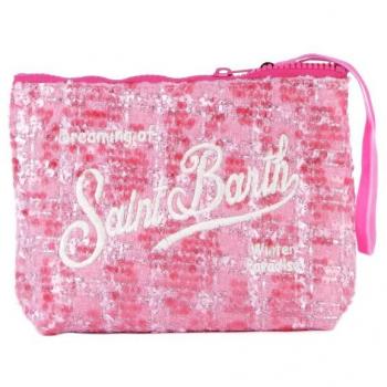 Pink Embroidered Logo Tweed Clutch with Wrist Strap for Girls - MC2 Saint Barth