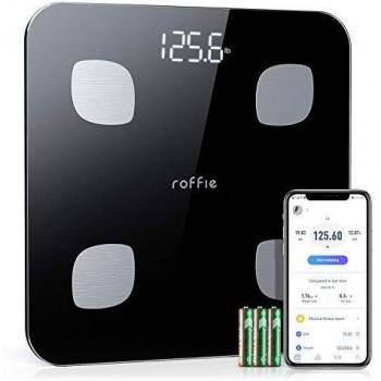 Báscula Grasa Corporal, Roffie Báscula de Baño Digital Báscula de Peso Inteligente con Indice de Grasa Corporal, Wireless Monitores de Composición Corporal Analizar 23 Funciones con APP Negro