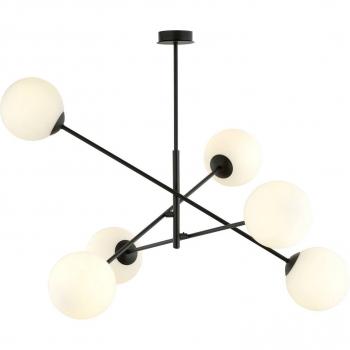 Plafón Linear EMIBIG LIGHTING de 6 luces, color negro/opalino, lámpara de techo colgante con varios brazos y pantallas de cristal blanco, casquillos E14
