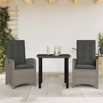 3-Piece Grey Poly Rattan Garden Dining Set with Cushions