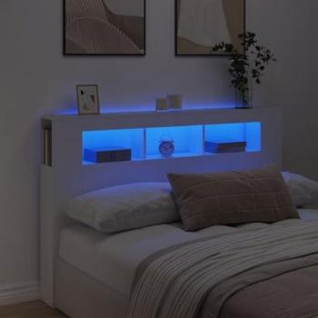 Cabecero con LED de madera de ingeniería blanco, dimensiones 160x18,5x103,5 cm