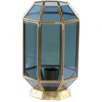 Lámpara de mesa con base de cristal azul y detalles en latón - Decoración moderna para el hogar