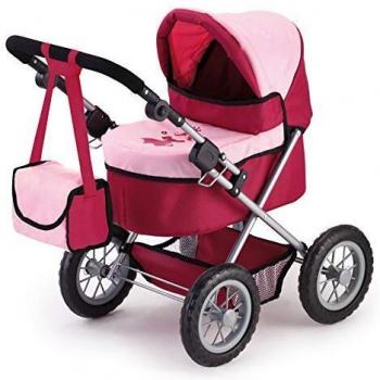 Bayer Design 13014AA Dolls Pram Trendy, Stroller, Foldable, Height-Adjustable Handle, with Shoulder Bag, red and Pink, Princess