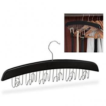 Set 10 Perchas para Cinturones con 12 Ganchos, Colgador Giratorio de Madera, Negro y Plateado, 17.5 x 43 x 5.5 cm