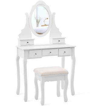 Tocador con Espejo y Taburete Incluido, Mesa de Maquillaje con 5 Cajones y Bombillas, Color Blanco