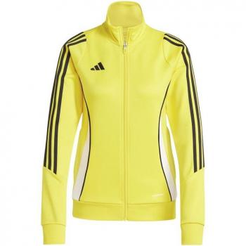 Chaqueta de fútbol adidas Tiro24 mujer azul con diseño moderno, tejido ligero y transpirable, cierre de cremallera completo, bolsillos laterales con cremallera, puños y dobladillo ajustables, logo de adidas en el