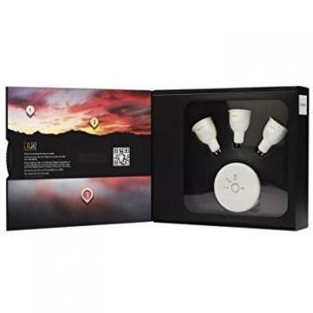 Philips Hue - Kit de iluminación LED inteligente con puente y 3 bombillas, casquillo GU10, controlable vía Smartphone y accesorios Hue, 16 millones de colores