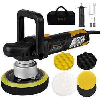 Pulidora Coche Ginour, Pulidora Excéntrica 900w, 4 Discos de Espuma y 1 Almohadilla de Lana de 150MM, 6 Velocidades Variables, D-Mango Desmontable para Pulir Automóviles, Motocicletas, Barcos, Muebles
