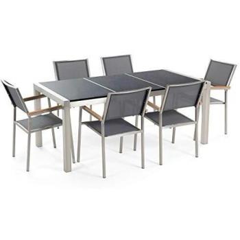 Conjunto de comedor para 6 personas en acero inoxidable con mesa de granito negro y sillas Grosseto en gris, dimensiones de la mesa 180 x 90 cm con superficie de basalto flameado