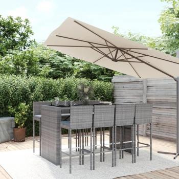 Mesa y taburetes altos de jardín 9 piezas con cojines de ratán PE gris