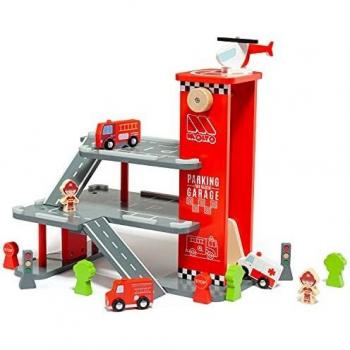 M MOLTO | Grand Parking Infantil de Madera con Ascensor, Helipuerto, Variadad de Accesorios y Figuritas | Incluye Camiones, Ambulancia y Helipcótero | Juguetes Educativos para Niños y Niñas | + 3 años