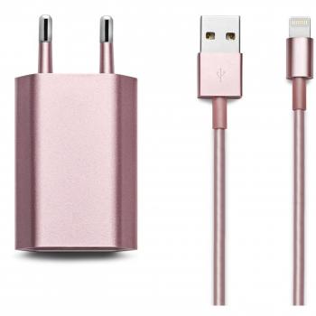 iProtect Set 2en1 con cable de datos USB con función de carga y enchufe con cargador USB para iPhone 5 5s 5c SE, iPhone 6 6 Plus 6s 6s Plus, iPhone 7 7 Plus, iPhone 8 8 Plus, iPhone X, iPad en oro rosa