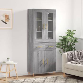 Aparador alto de madera contrachapada gris sonoma 69,5x34x180 cm con 2 puertas y 2 cajones, mueble de almacenaje para salón, buffet y armario auxiliar